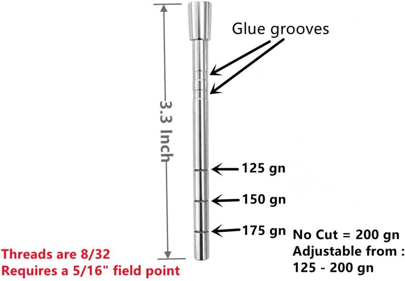 ZOEKO Stainless-Steel Arrow Inserts Suitable for ID .204" .244" Carbon Arrows, Suitable for 5/16" Field Points, Cuttable from 35-200 Grain (A Dozen) - Image 2